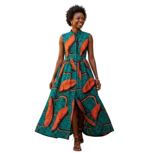 Handmade Dresses & Skirts - SIKA Ghana Handmade Cotton Maxi Dress Teal Orange Banana Leaf Print Size 4